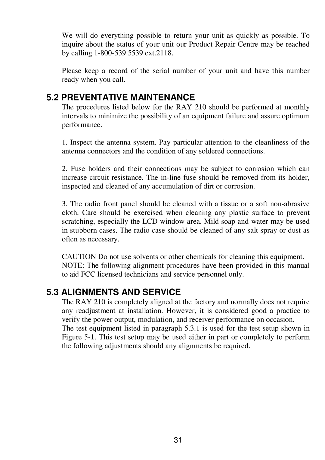 Raymarine RAY 210VHF operation manual Preventative Maintenance, Alignments and Service 