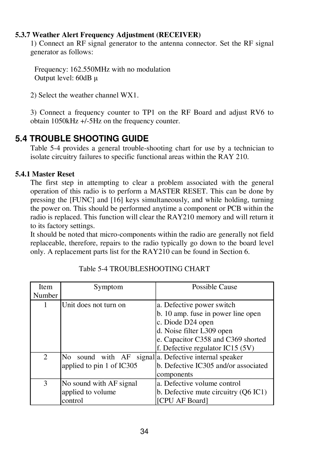 Raymarine RAY 210VHF operation manual Trouble Shooting Guide, Weather Alert Frequency Adjustment Receiver, Master Reset 