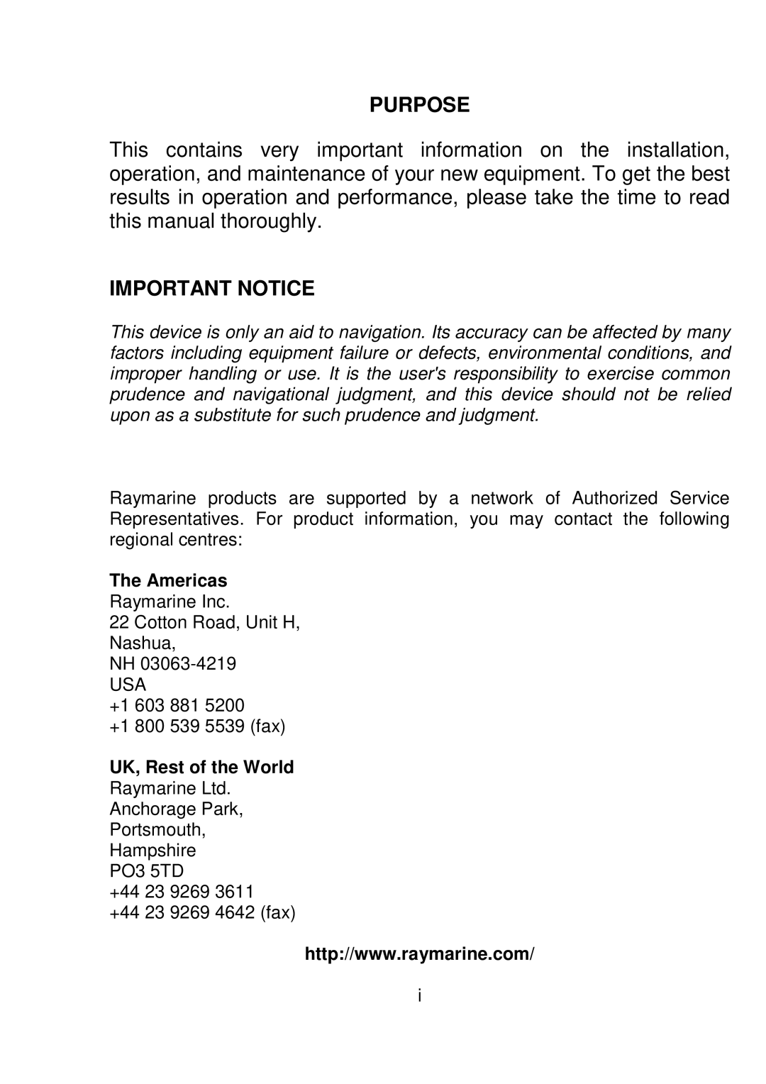 Raymarine RAY 210VHF operation manual Purpose, Important Notice 