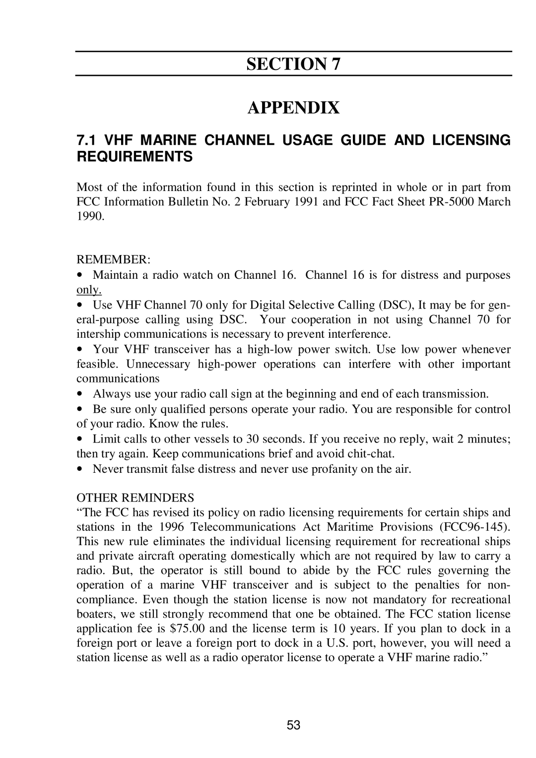 Raymarine RAY 210VHF operation manual Section Appendix, VHF Marine Channel Usage Guide and Licensing Requirements 