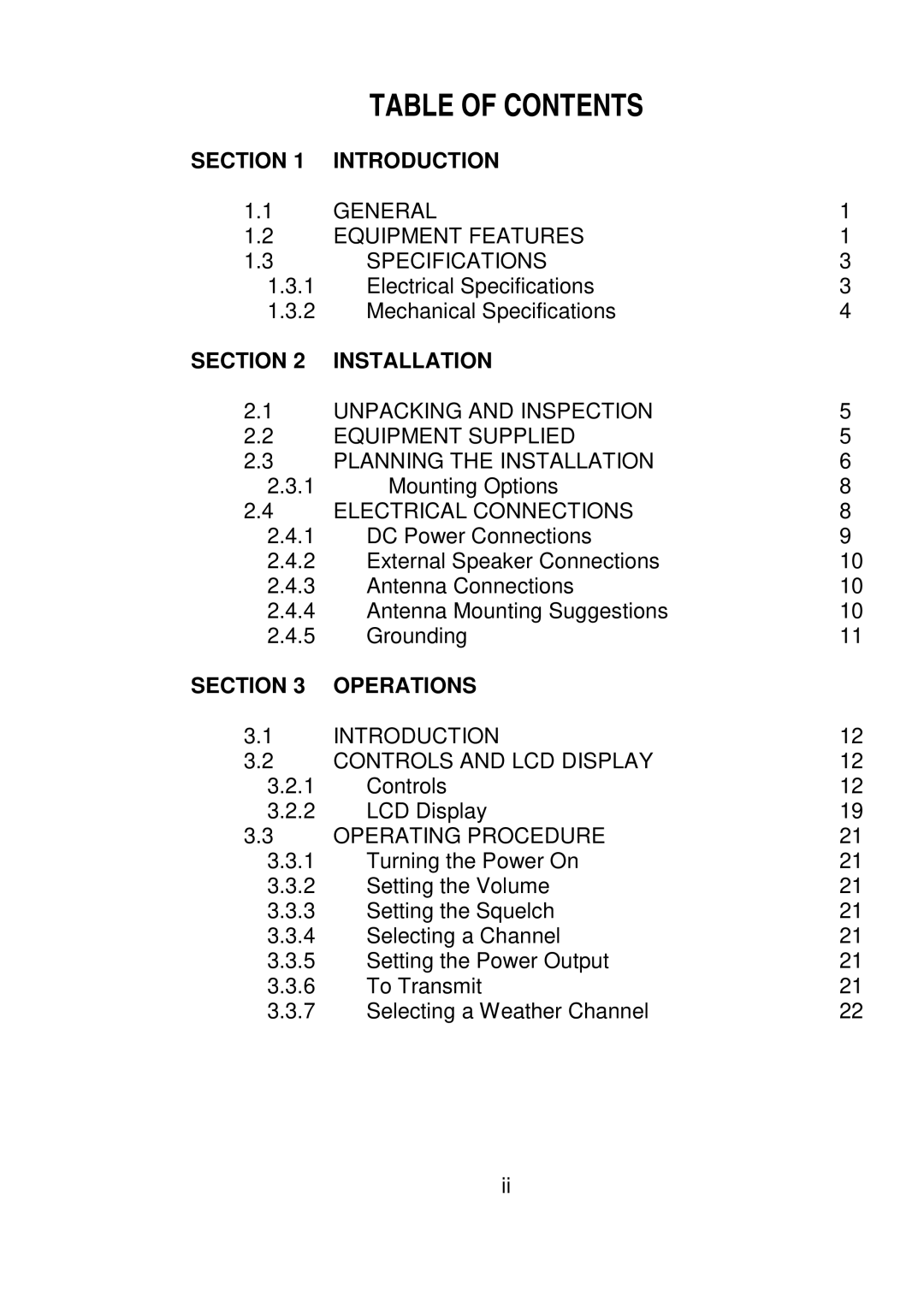 Raymarine RAY 210VHF operation manual Table of Contents 