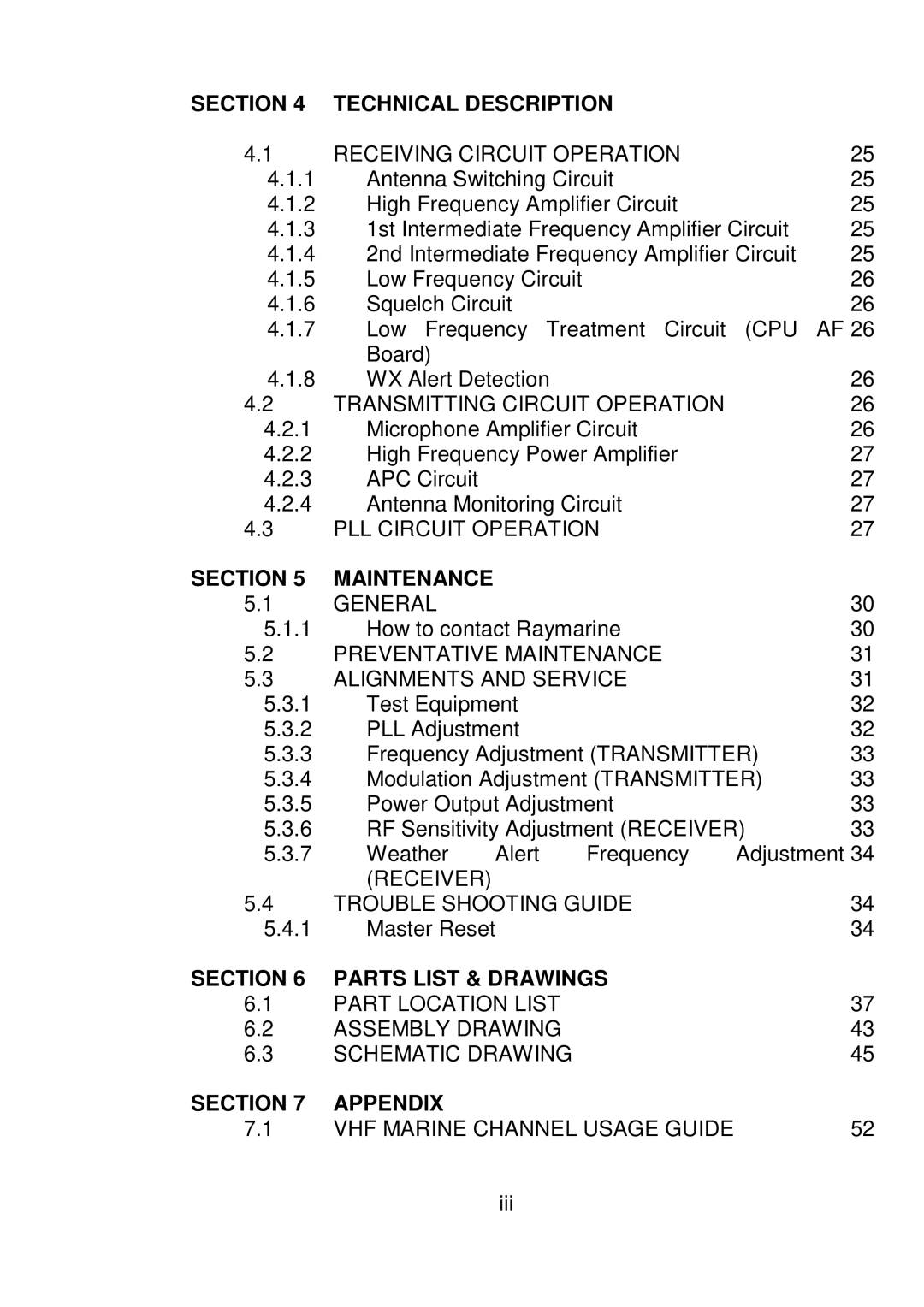 Raymarine RAY 210VHF operation manual Parts List & Drawings 