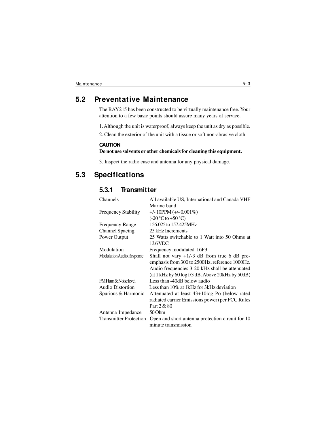 Raymarine Ray215 manual Preventative Maintenance, Specifications, Transmitter 