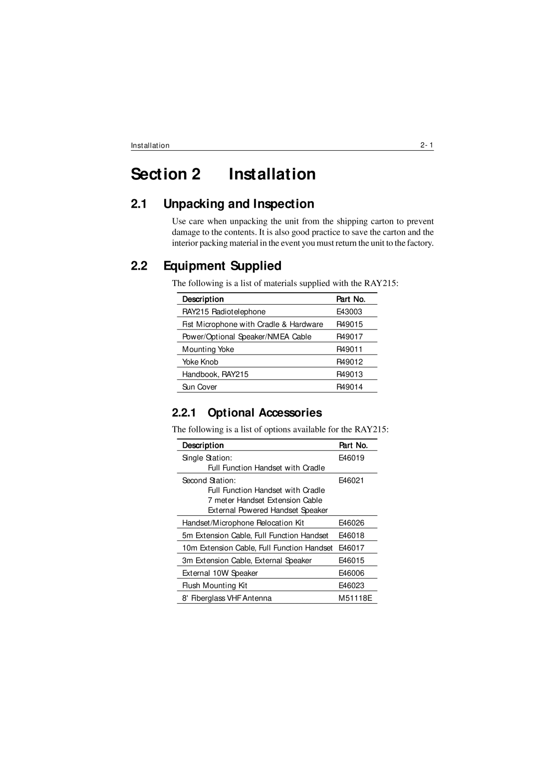 Raymarine Ray215 manual Unpacking and Inspection, Equipment Supplied, Optional Accessories, Description 