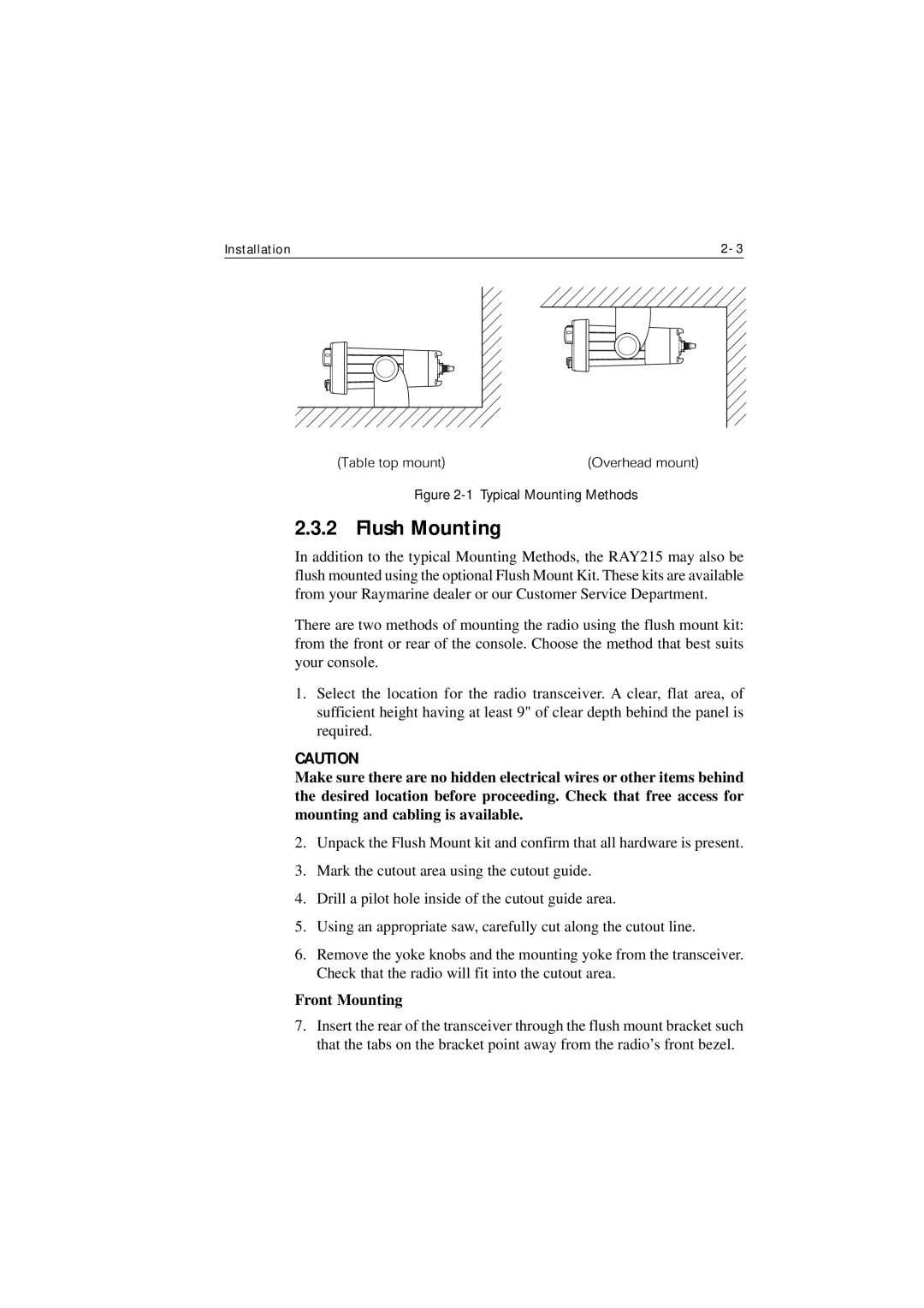 Raymarine Ray215 manual Flush Mounting, Front Mounting 