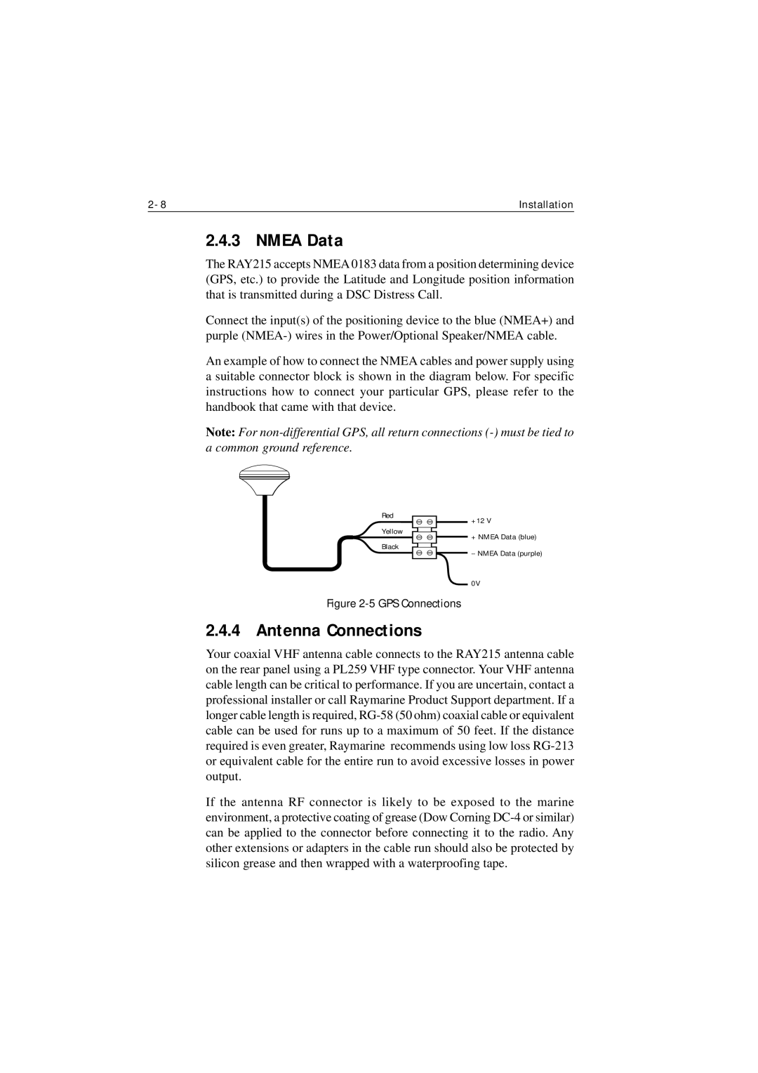 Raymarine Ray215 manual Nmea Data, Antenna Connections 