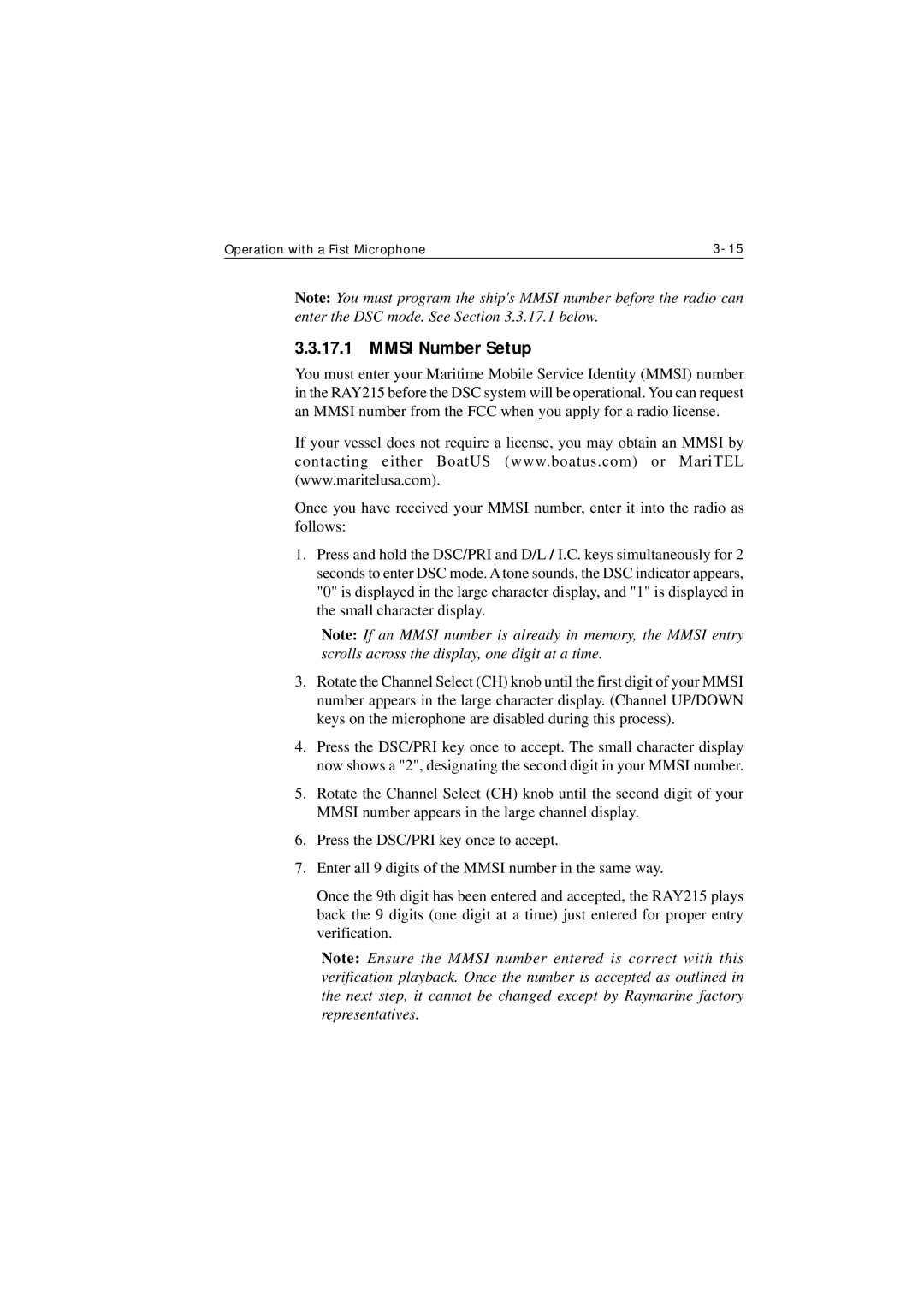 Raymarine Ray215 manual Mmsi Number Setup 