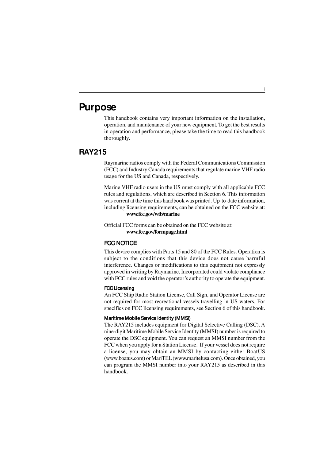 Raymarine Ray215 manual RAY215, FCC Licensing, Maritime Mobile Service Identity Mmsi 