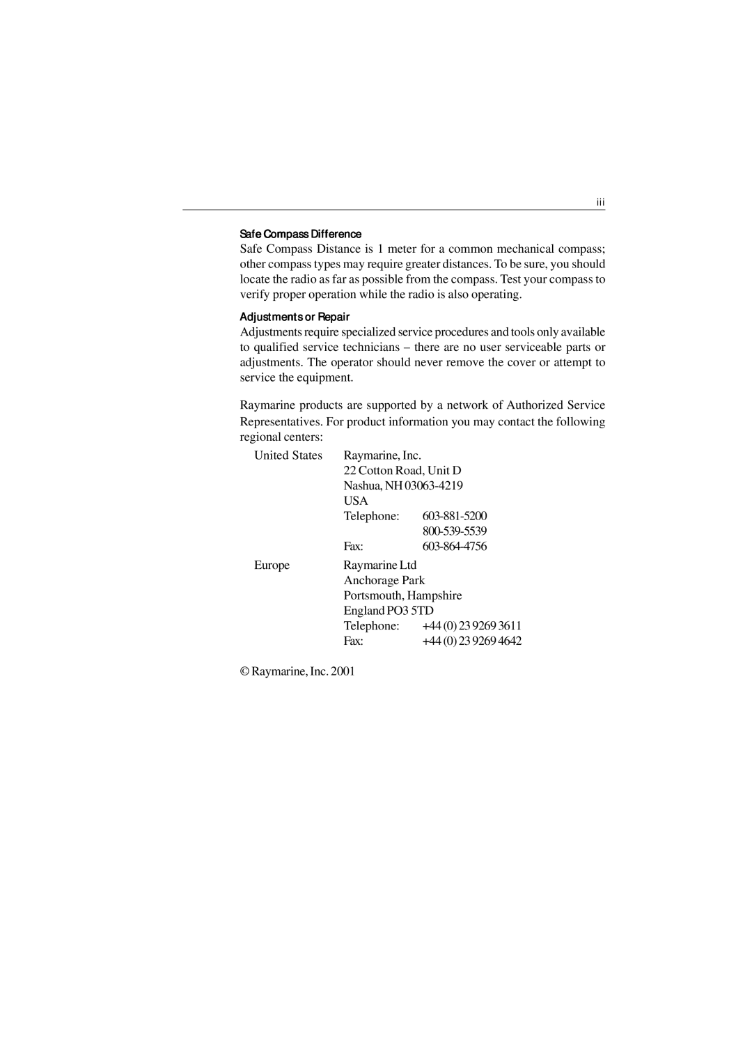 Raymarine Ray215 manual Safe Compass Difference, Adjustments or Repair 