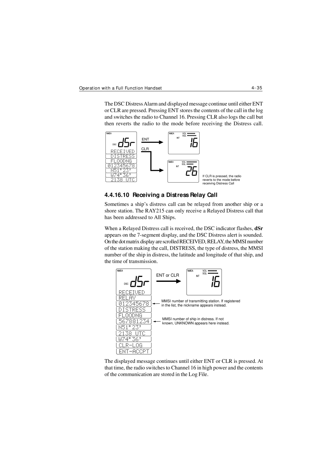 Raymarine Ray215 manual Receiving a Distress Relay Call, ENT or CLR 