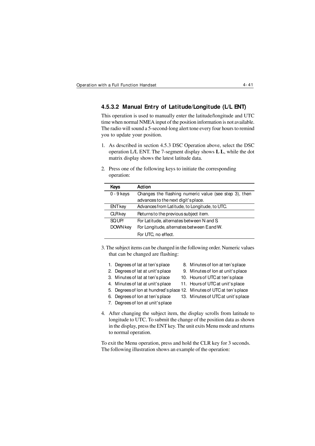 Raymarine Ray215 manual Manual Entry of Latitude/Longitude L/L ENT, Keys Action 
