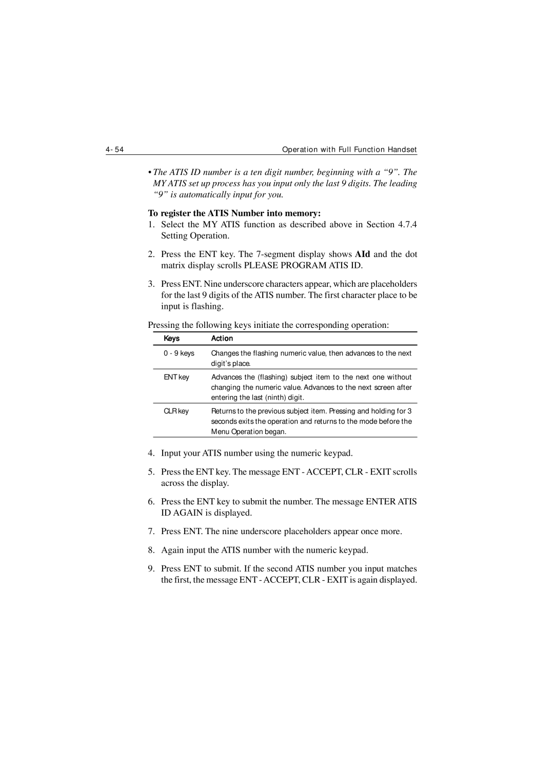 Raymarine Ray215e manual To register the Atis Number into memory, Keys Action 