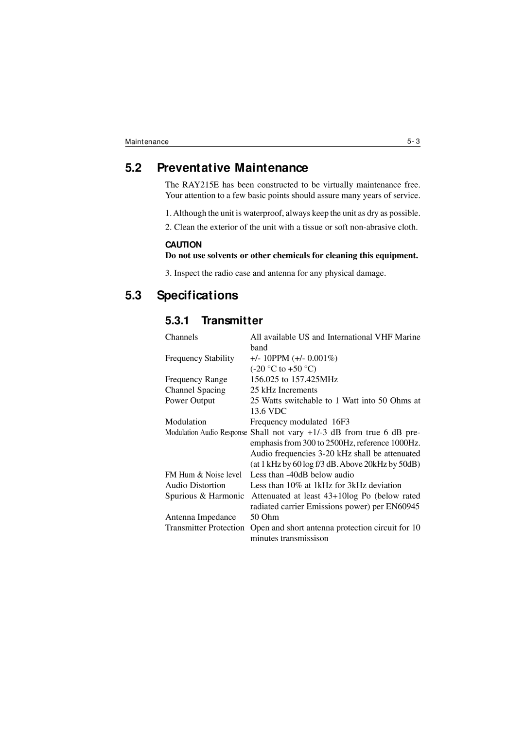 Raymarine Ray215e manual Preventative Maintenance, Specifications, Transmitter 