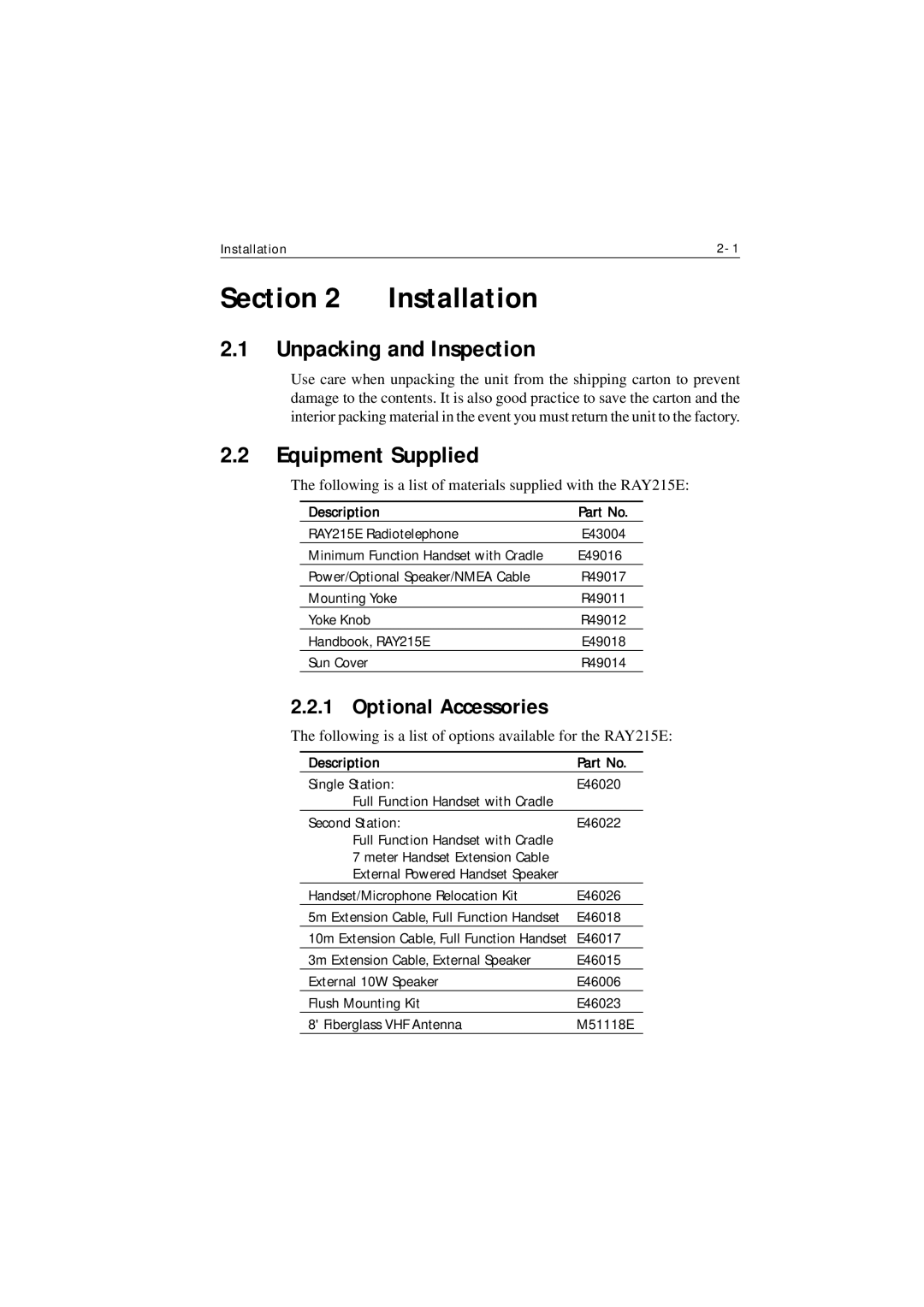 Raymarine Ray215e manual Unpacking and Inspection, Equipment Supplied, Optional Accessories, Description 