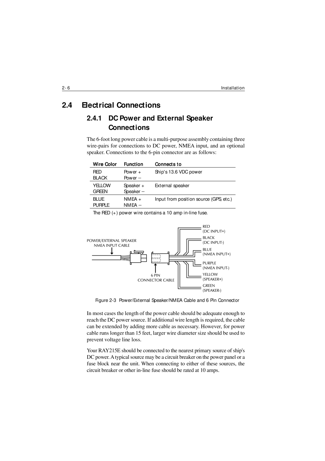 Raymarine Ray215e manual Electrical Connections, DC Power and External Speaker Connections, Wire Color Function Connects to 