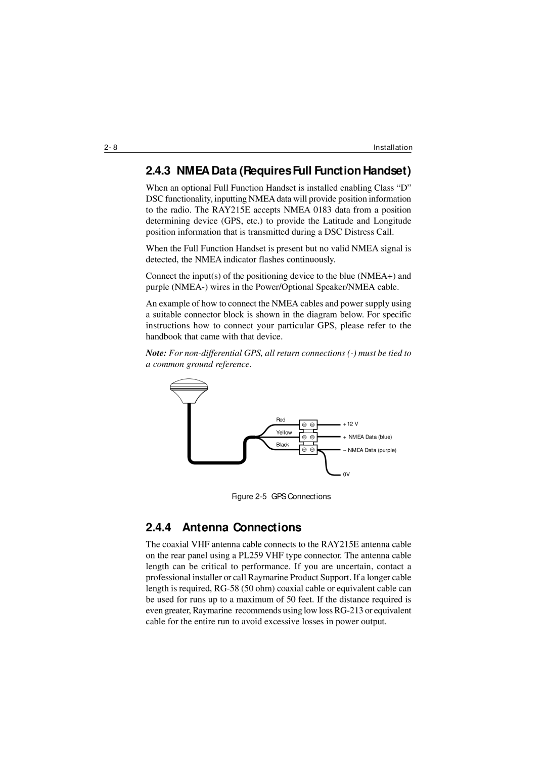 Raymarine Ray215e manual Nmea Data Requires Full Function Handset, Antenna Connections 