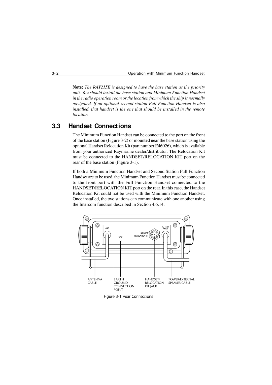 Raymarine Ray215e manual Handset Connections, Rear Connections 