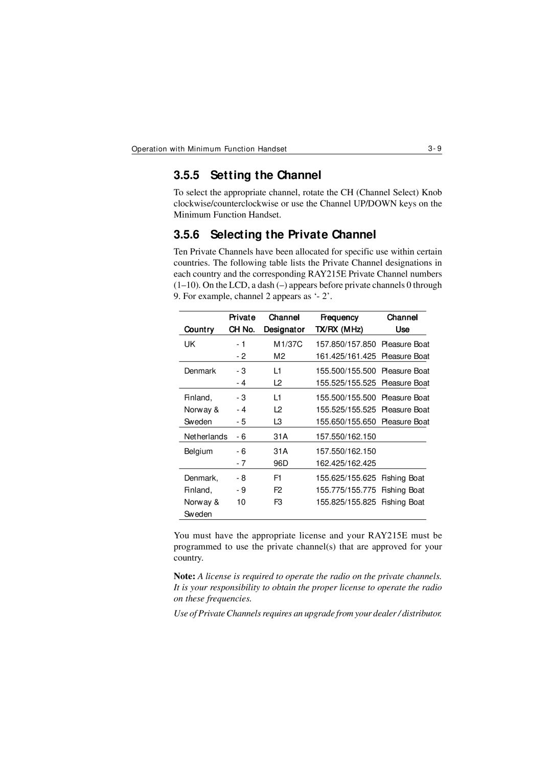 Raymarine Ray215e manual Setting the Channel, Selecting the Private Channel, Private Channel Frequency Country CH No 