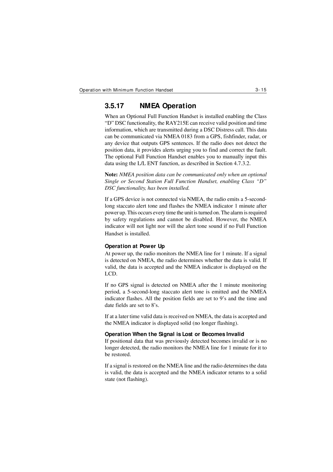 Raymarine Ray215e manual Nmea Operation, Operation at Power Up, Operation When the Signal is Lost or Becomes Invalid 