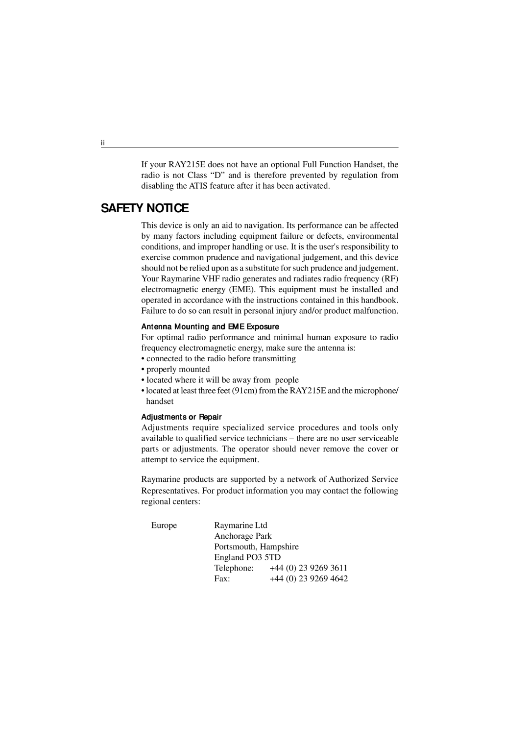 Raymarine Ray215e manual Antenna Mounting and EME Exposure, Adjustments or Repair 