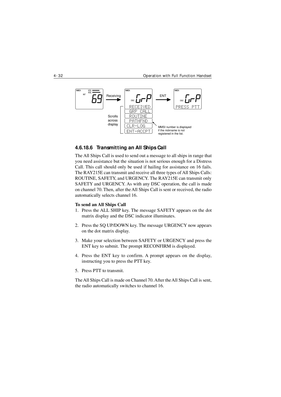 Raymarine Ray215e manual Transmitting an All Ships Call, To send an All Ships Call 