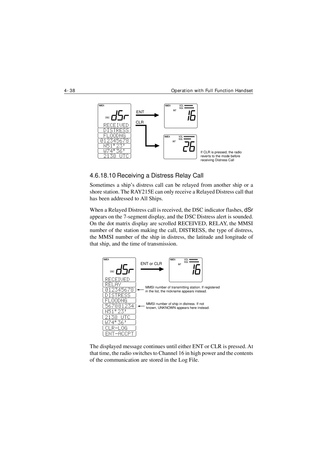 Raymarine Ray215e manual Receiving a Distress Relay Call, ENT or CLR 