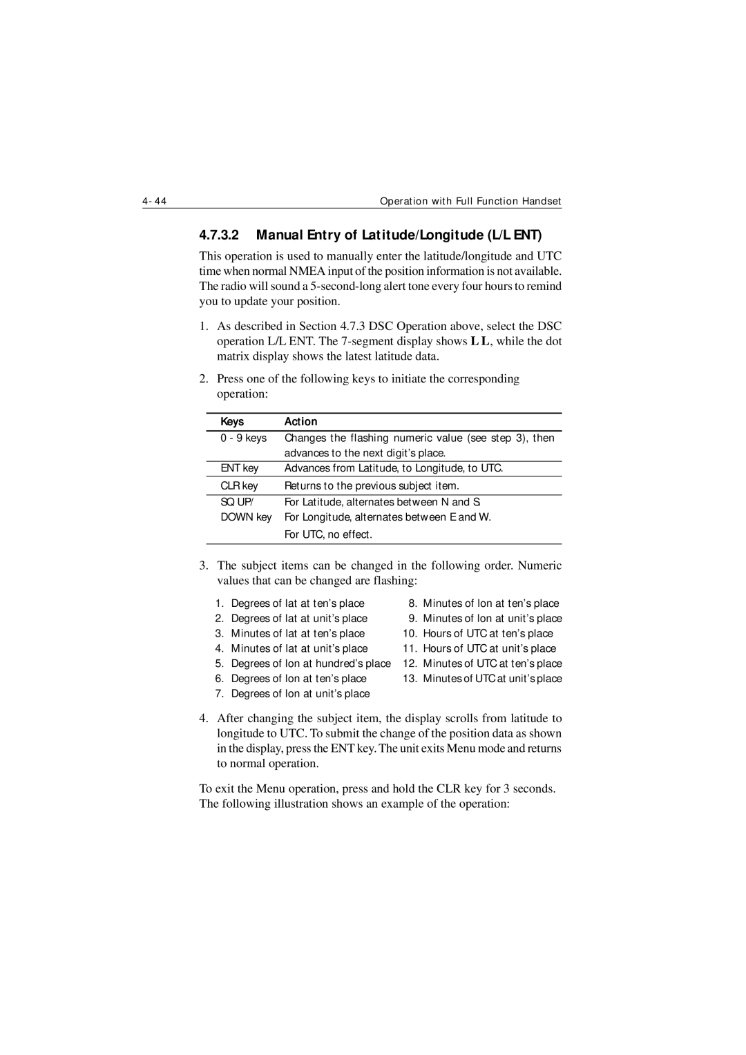 Raymarine Ray215e manual Manual Entry of Latitude/Longitude L/L ENT, Keys Action 