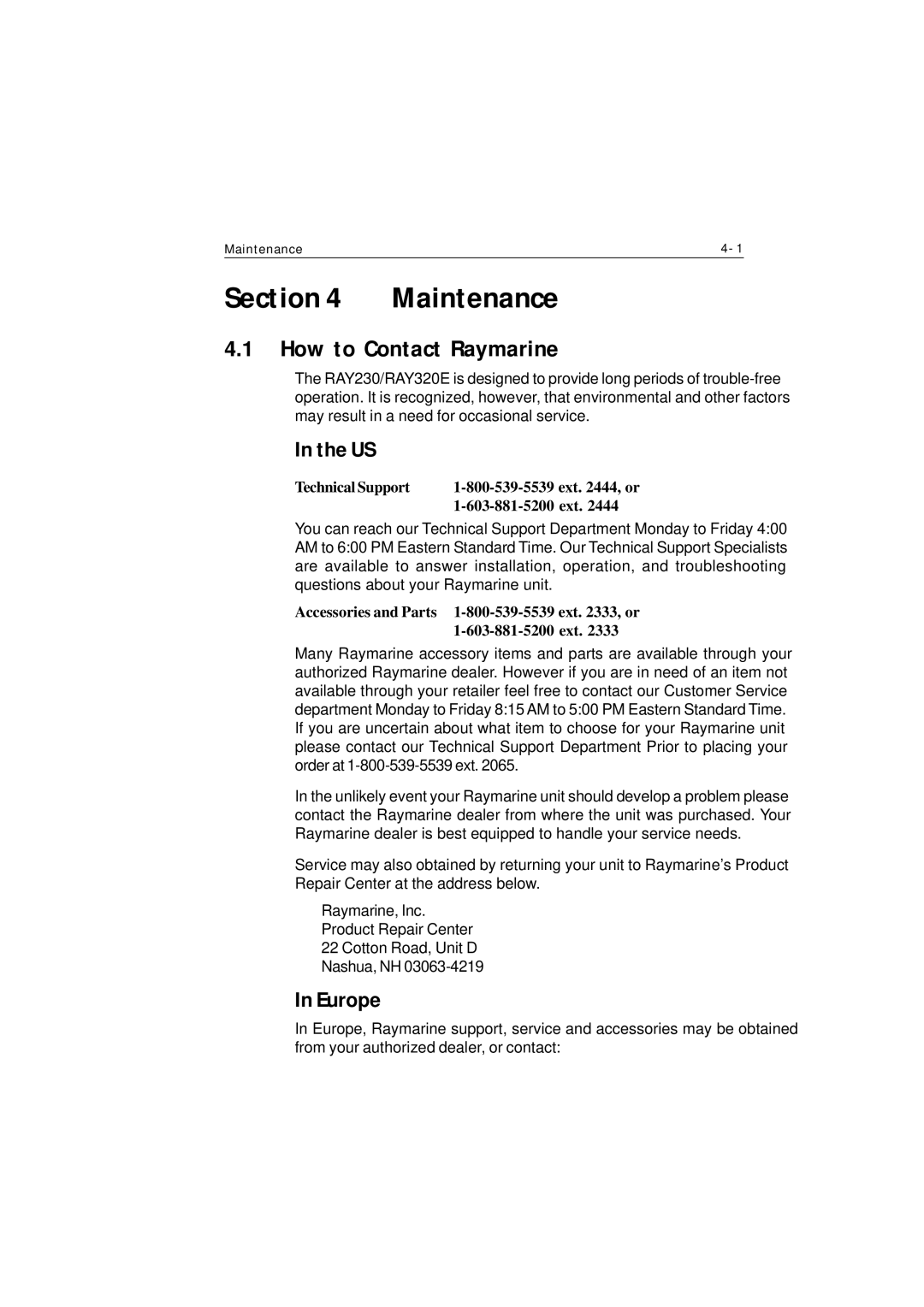 Raymarine Ray230 manual How to Contact Raymarine, Europe, Technical Support Ext , or 