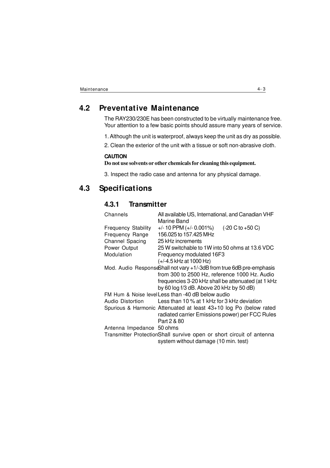 Raymarine Ray230 manual Preventative Maintenance, Specifications, Transmitter 