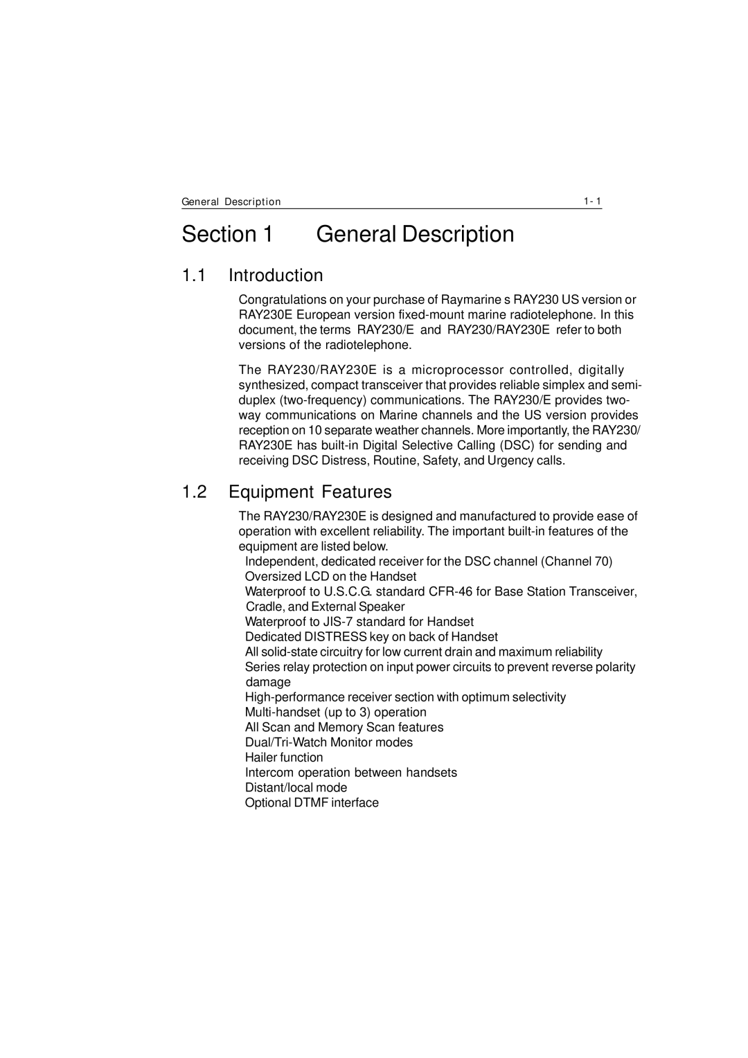 Raymarine Ray230 manual Introduction, Equipment Features 