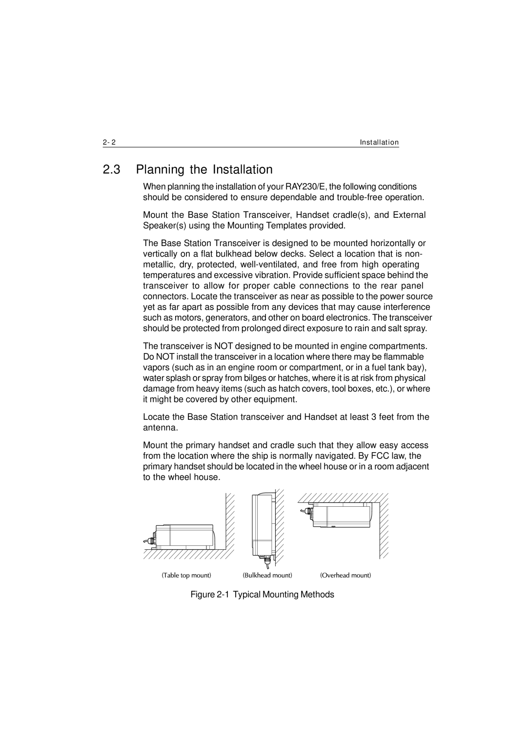 Raymarine Ray230 manual Planning the Installation, Typical Mounting Methods 