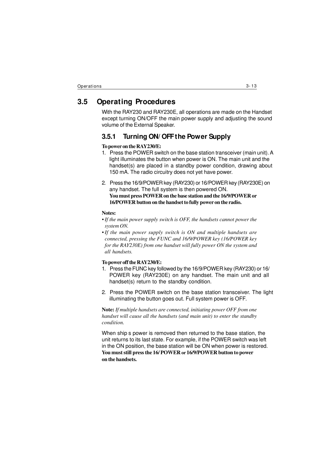 Raymarine Ray230 manual Operating Procedures, Turning ON/ OFF the Power Supply, To power on the RAY230/E 