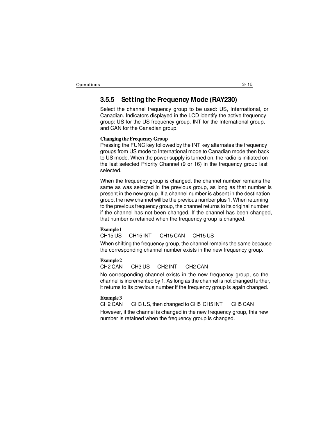 Raymarine Ray230 manual Setting the Frequency Mode RAY230, Changing the Frequency Group, Example1, Example2, Example3 