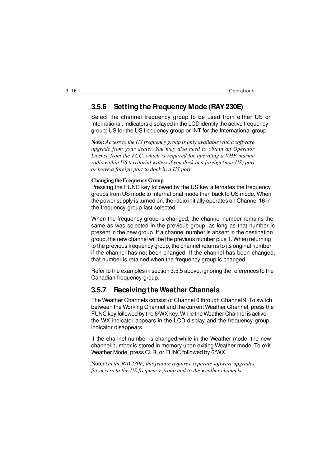 Raymarine Ray230 manual Setting the Frequency Mode RAY 230E, Receiving the Weather Channels 