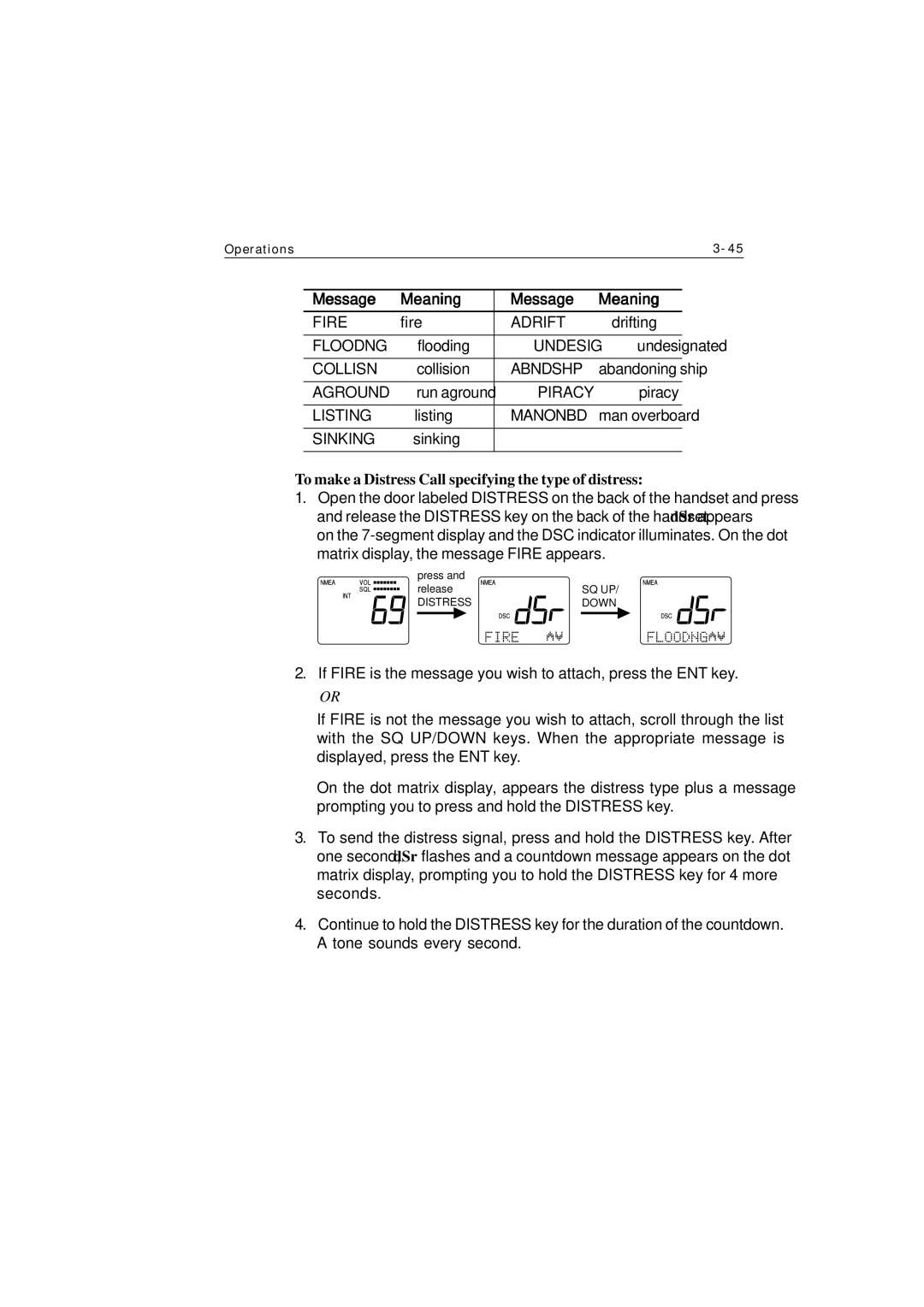 Raymarine Ray230 manual Message Meaning, To make a Distress Call specifying the type of distress 