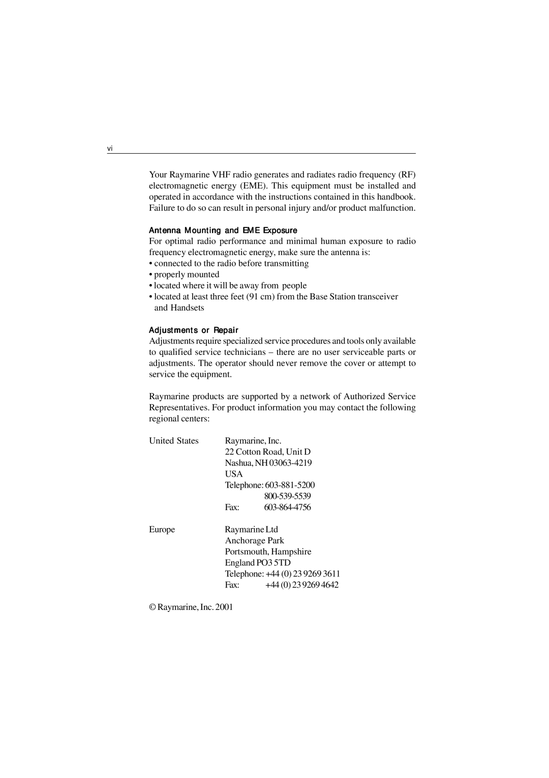 Raymarine Ray230 manual Antenna Mounting and EME Exposure, Adjustments or Repair 