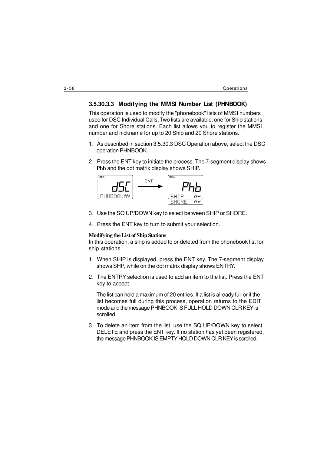 Raymarine Ray230 manual Modifying the Mmsi Number List Phnbook, Modifying the List of Ship Stations 