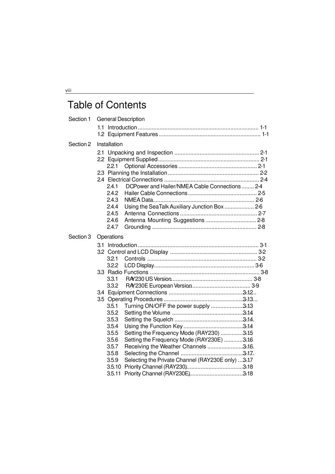 Raymarine Ray230 manual Table of Contents 