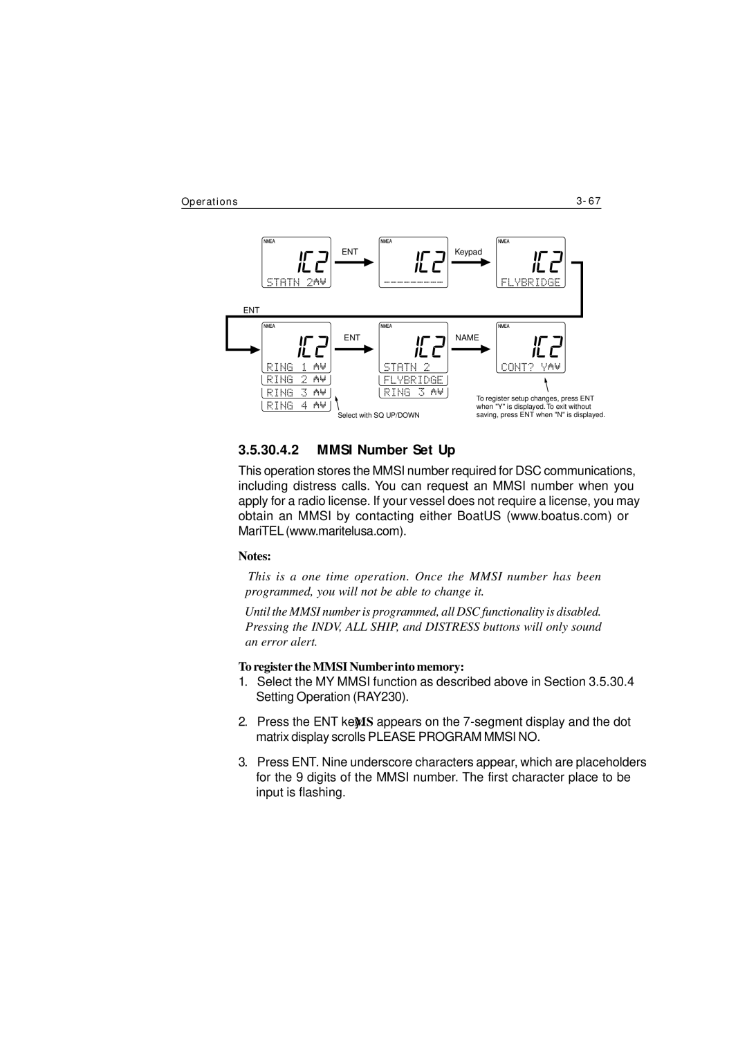 Raymarine Ray230 manual Mmsi Number Set Up, To register the Mmsi Number into memory 