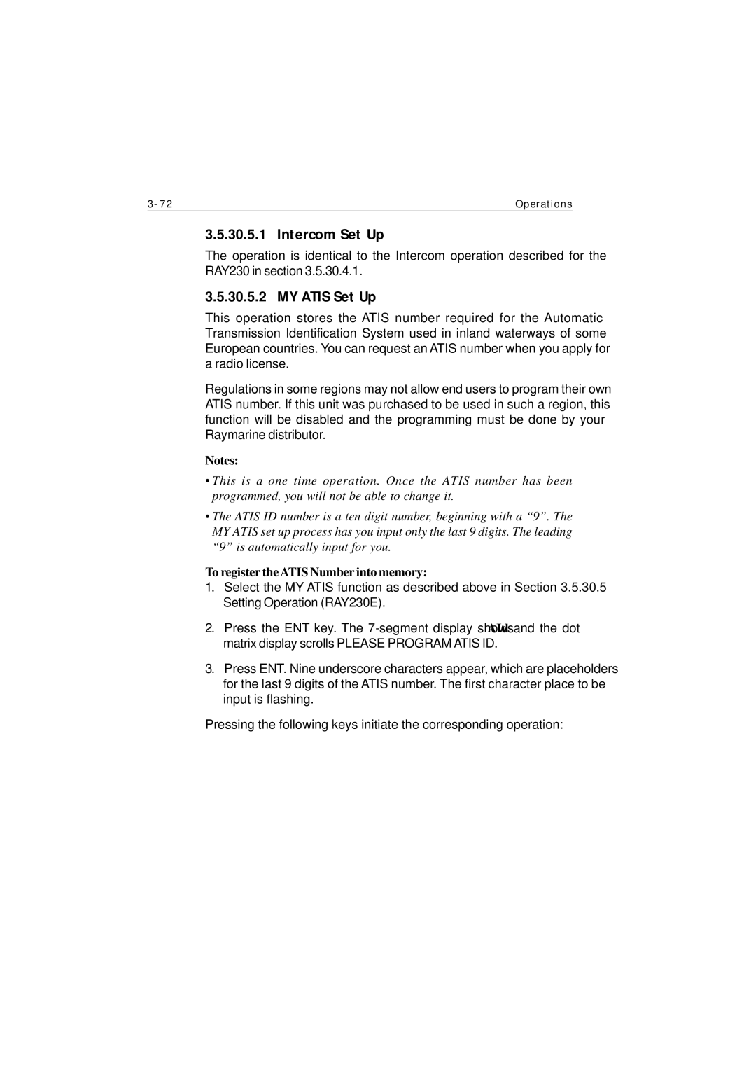 Raymarine Ray230 manual MY Atis Set Up, To register theATIS Number into memory 