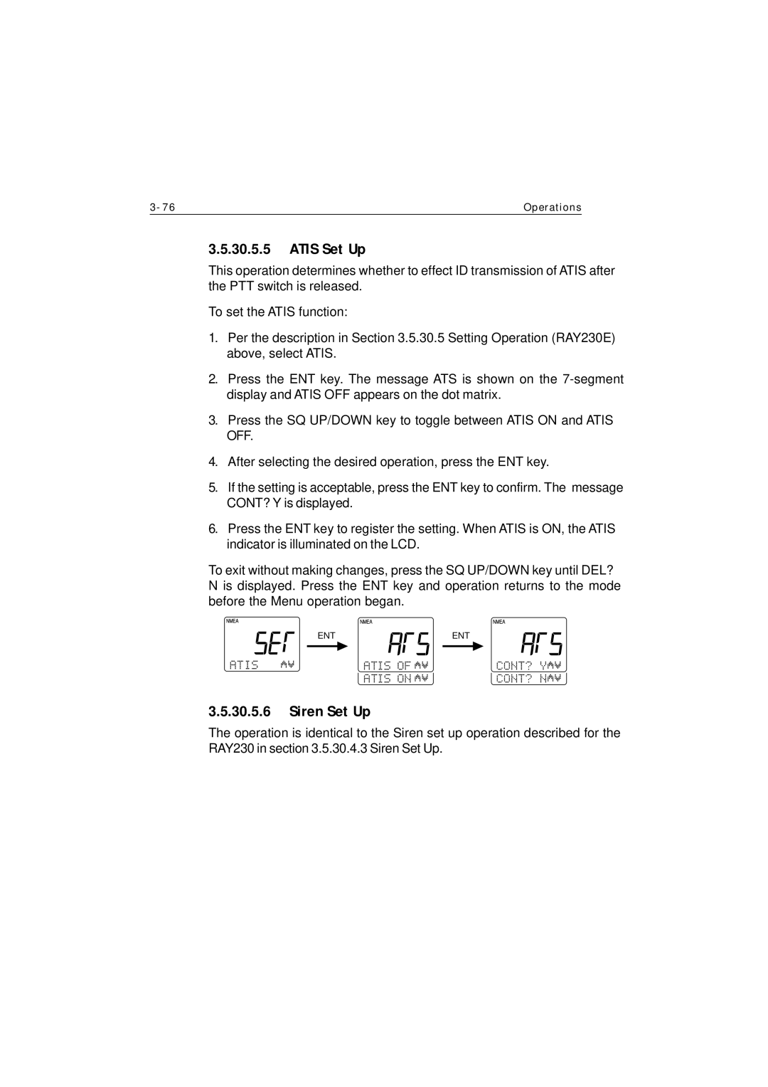 Raymarine Ray230 manual Atis Set Up, Siren Set Up 