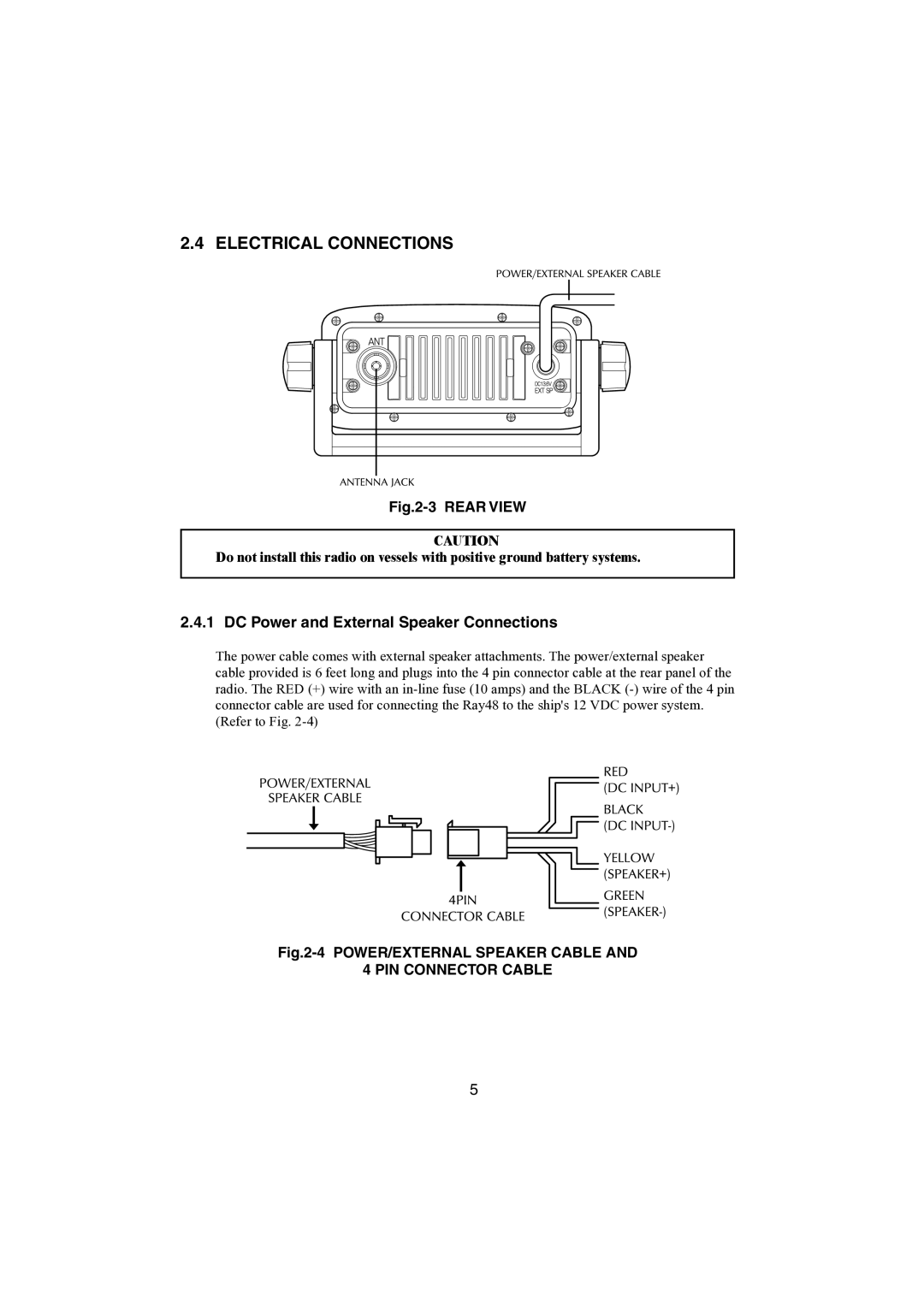 Raymarine Ray48 manual Electrical Connections, DC Power and External Speaker Connections 