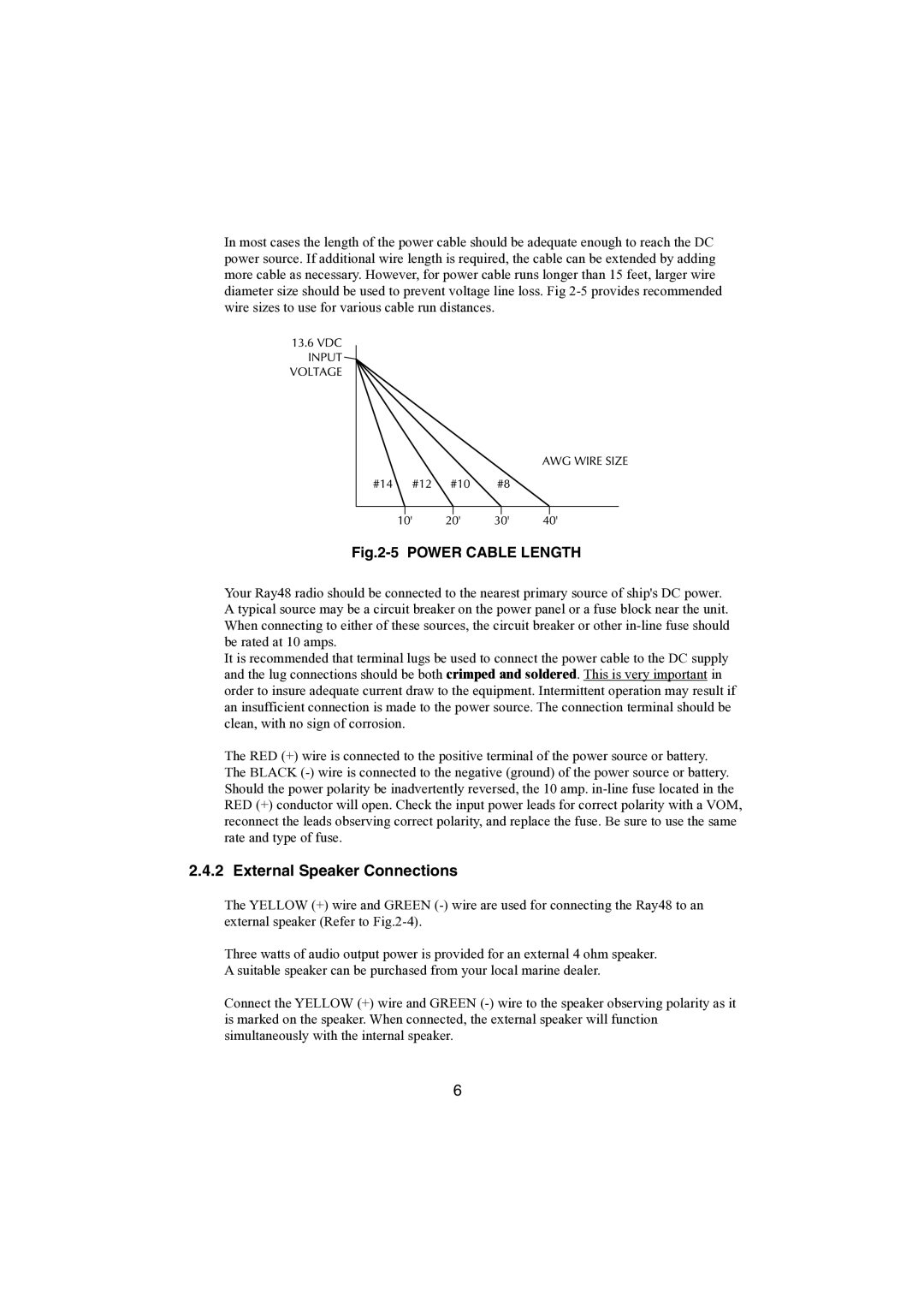 Raymarine Ray48 manual Power Cable Length, External Speaker Connections 
