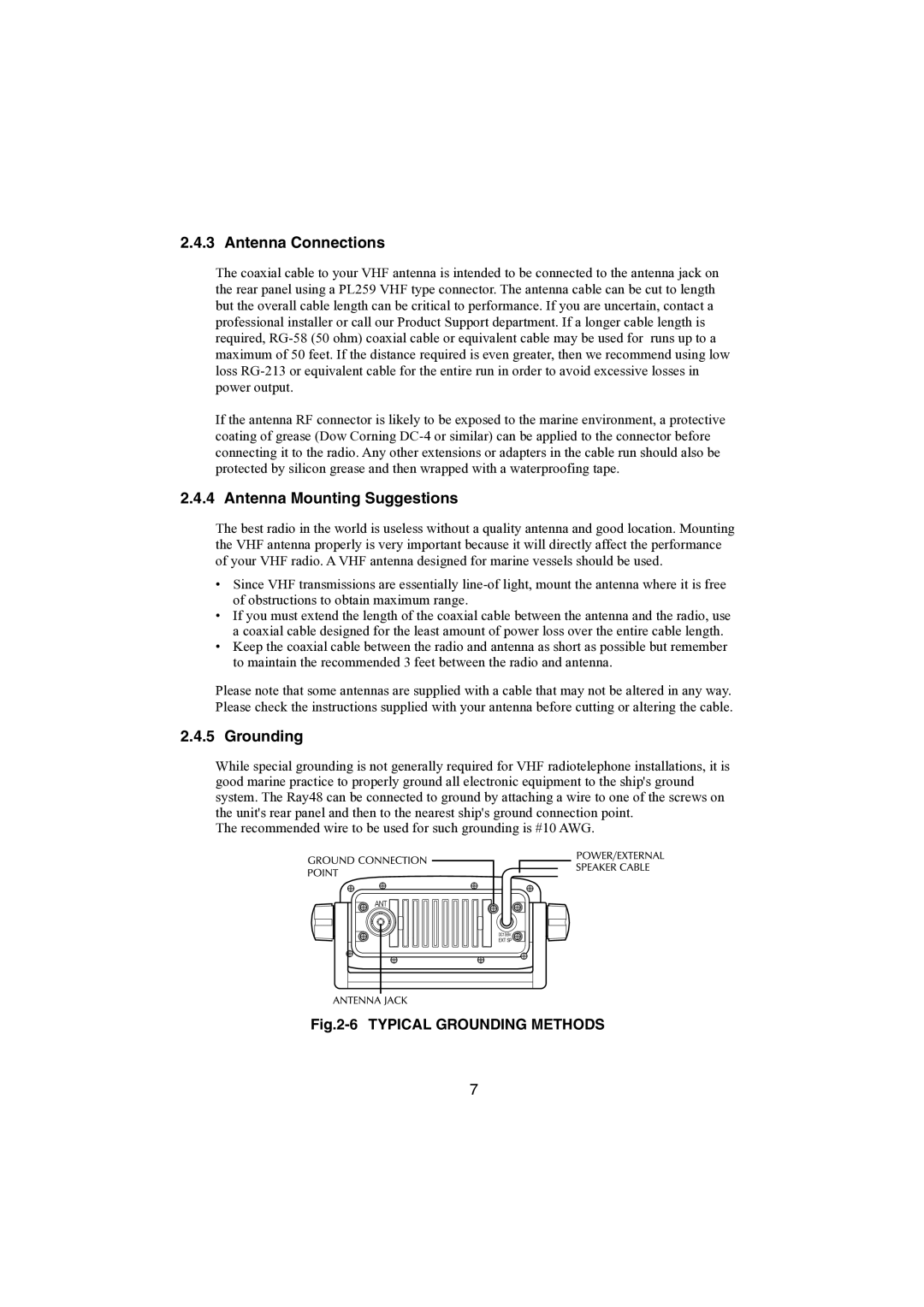 Raymarine Ray48 manual Antenna Connections, Antenna Mounting Suggestions, Grounding 