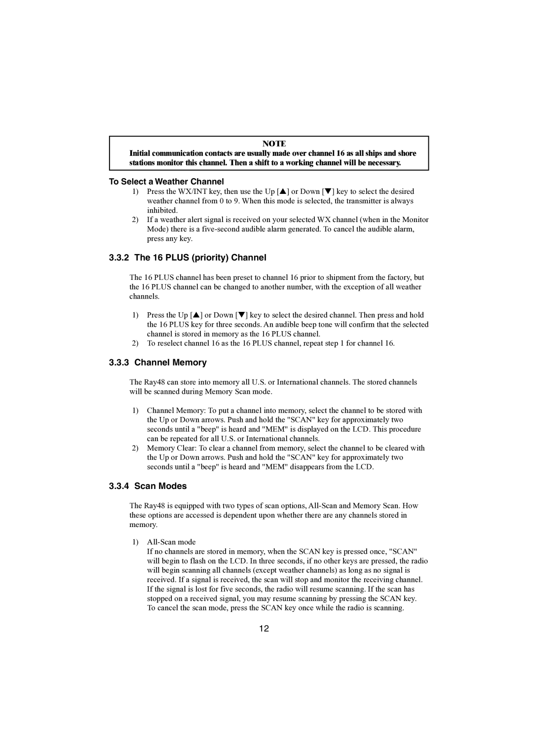 Raymarine Ray48 manual To Select a Weather Channel, Plus priority Channel, Channel Memory, Scan Modes 