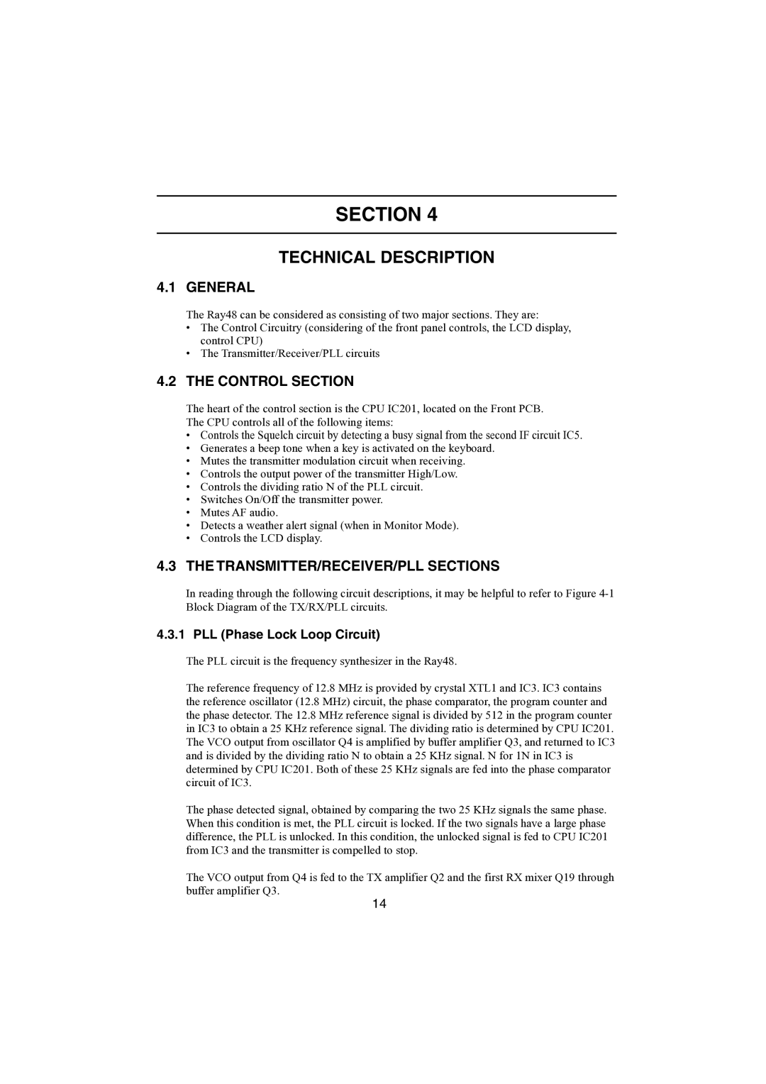 Raymarine Ray48 manual Technical Description, General, Control Section, TRANSMITTER/RECEIVER/PLL Sections 