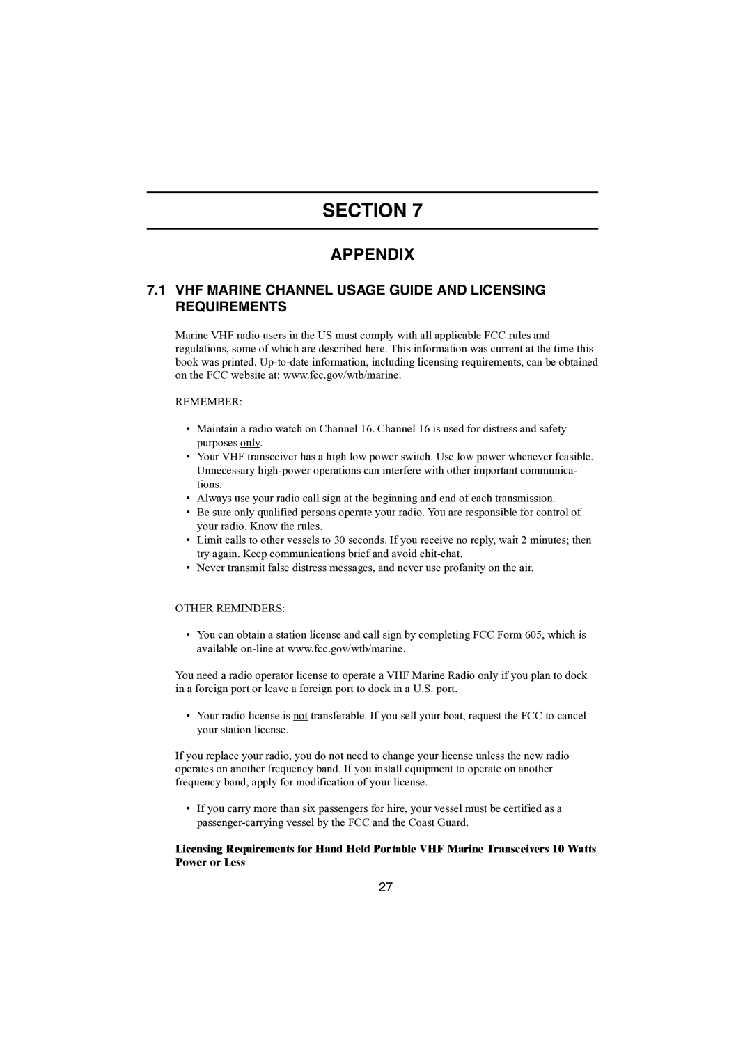 Raymarine Ray48 manual Appendix, VHF Marine Channel Usage Guide and Licensing Requirements 