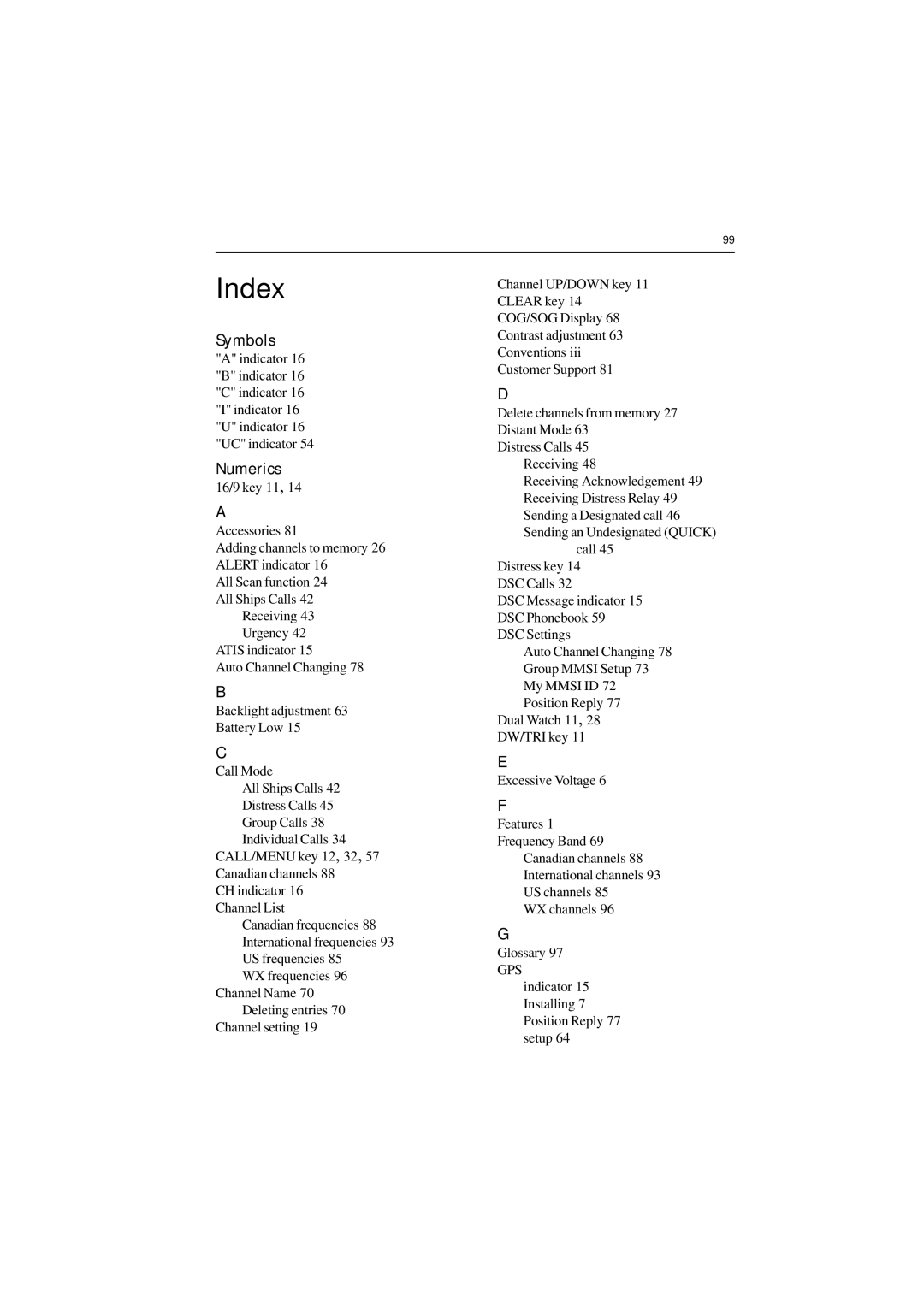 Raymarine Ray54 manual Index, Numerics 