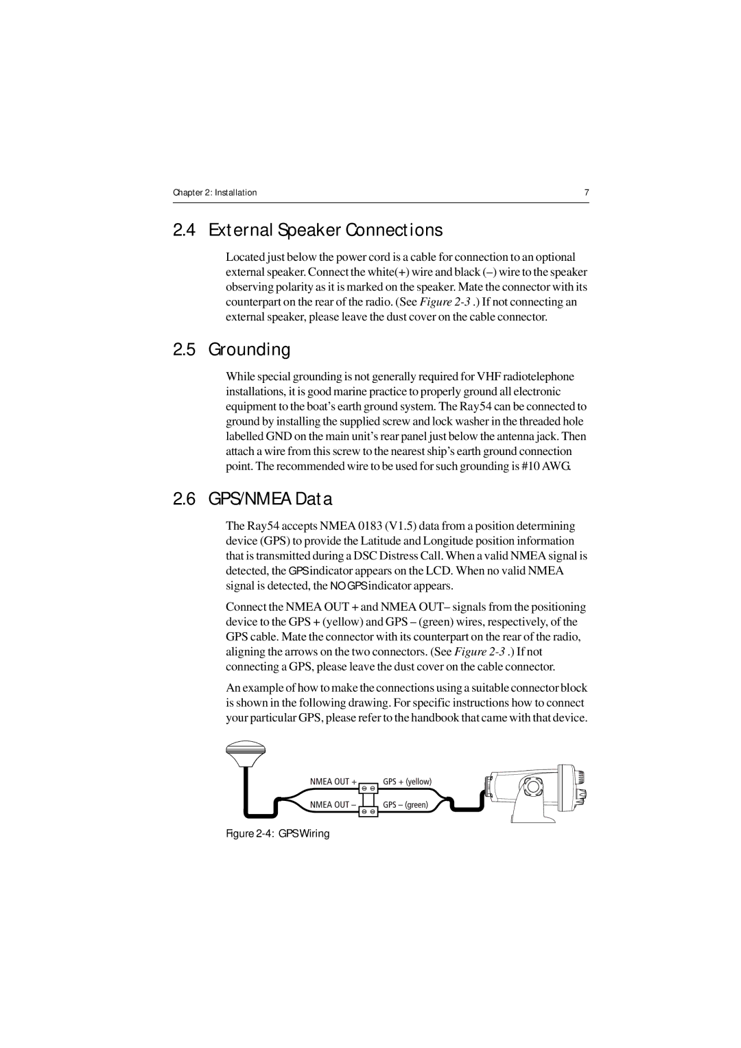 Raymarine Ray54 manual External Speaker Connections, Grounding, GPS/NMEA Data 