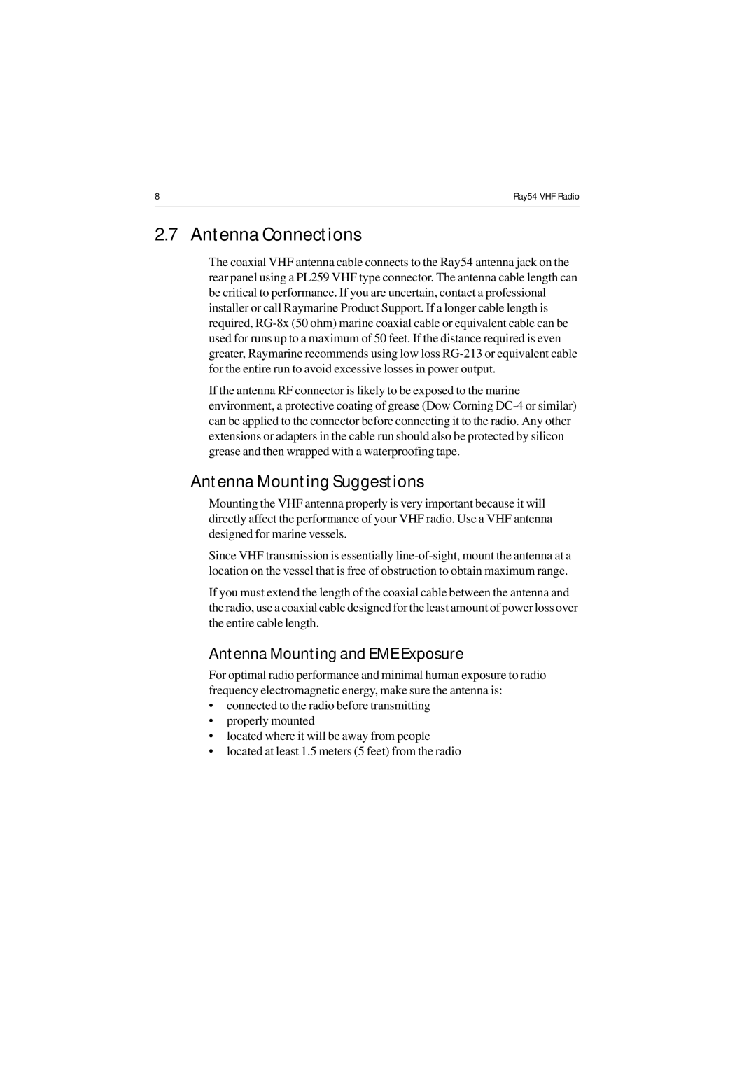 Raymarine Ray54 manual Antenna Connections, Antenna Mounting Suggestions, Antenna Mounting and EME Exposure 